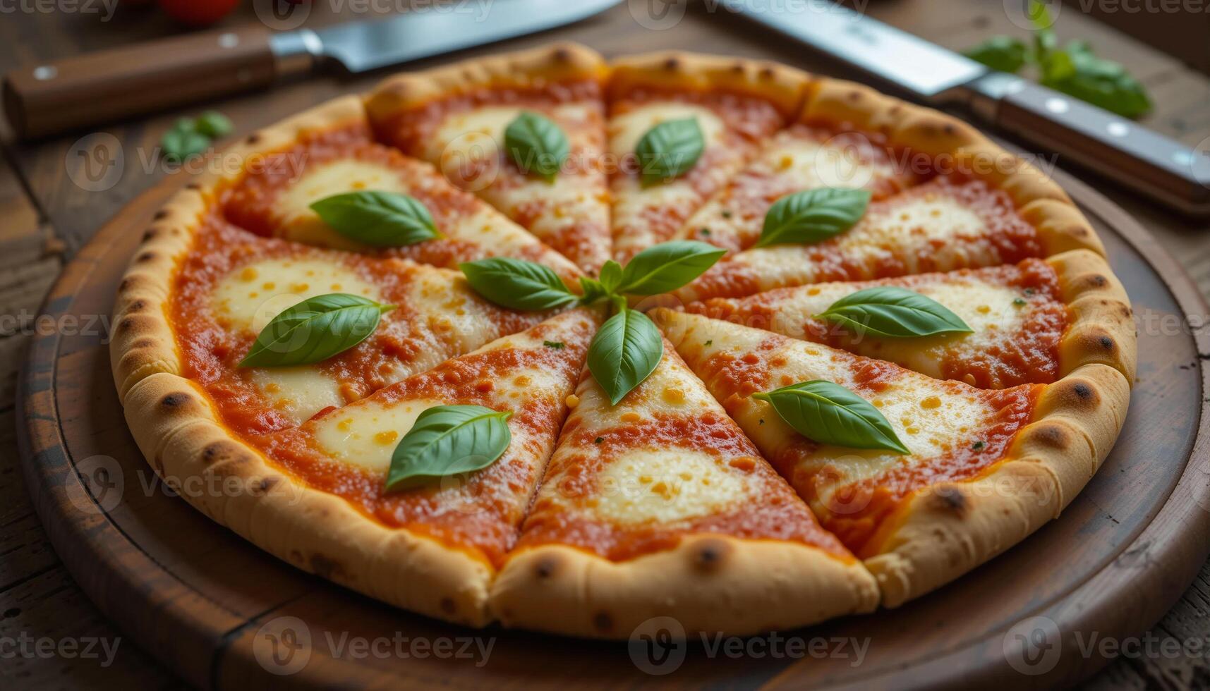 Freshly Baked Pizza Cut into Eight Slices on Rustic Table with Knife in Background photo