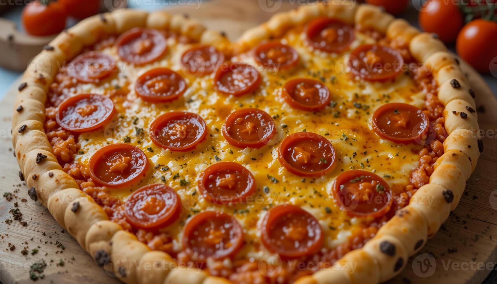 Heart-Shaped Pepperoni Pizza with Cherry Tomatoes and Gooey Cheese on Wooden Board photo