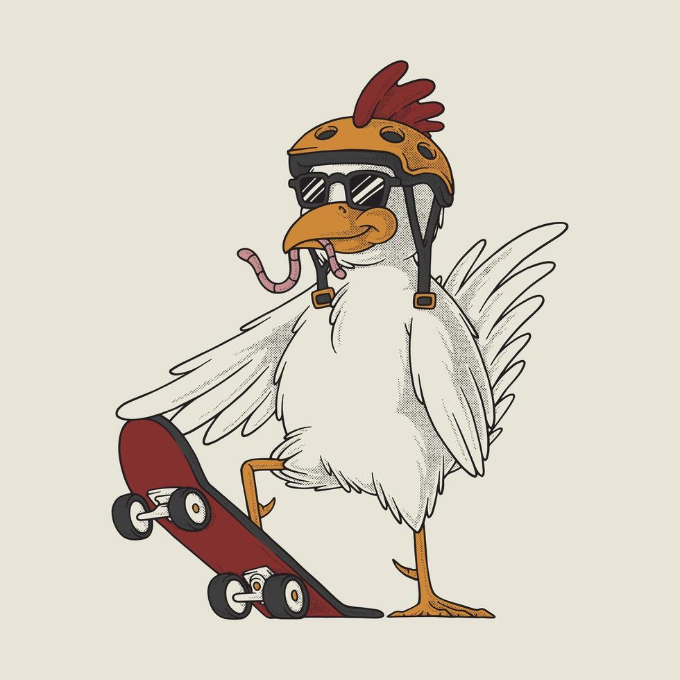 retro cartoon emblem of cool chicken skateboarder vector