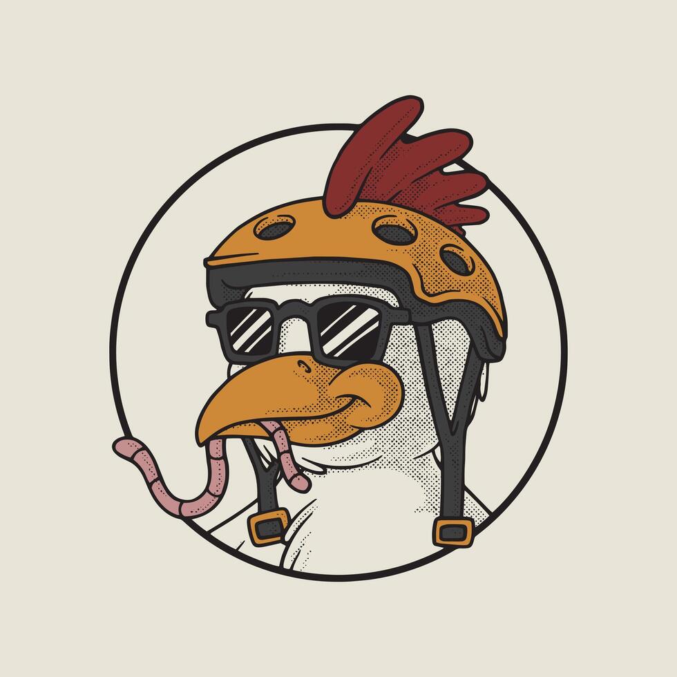 retro cartoon emblem of chicken wearing glasses and helmet vector