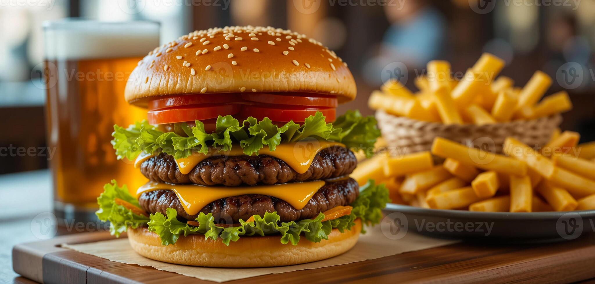 Juicy Beef Burger with Melted Cheese and Fries Served with Beer on Wooden Table photo