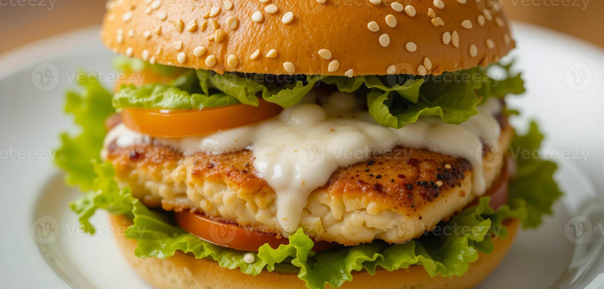 Tasty Fish Burger with Fresh Ingredients and Sesame Seed Bun in Studio Lighting photo