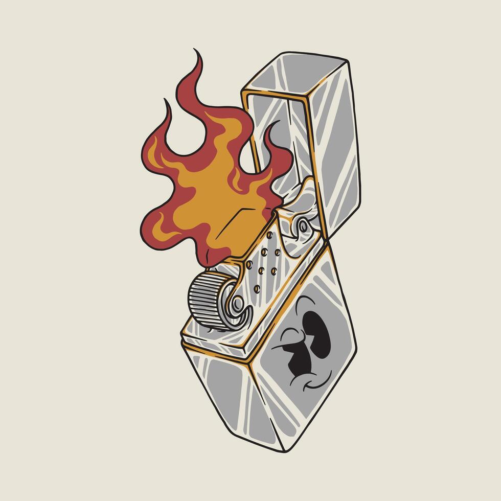 retro cartoon mascot of fiery square lighter vector