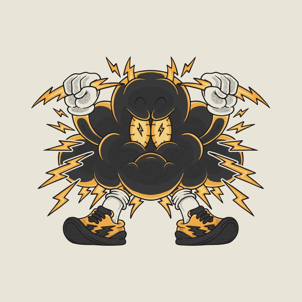 retro cartoon emblem of grumpy thunder cloud mascot vector
