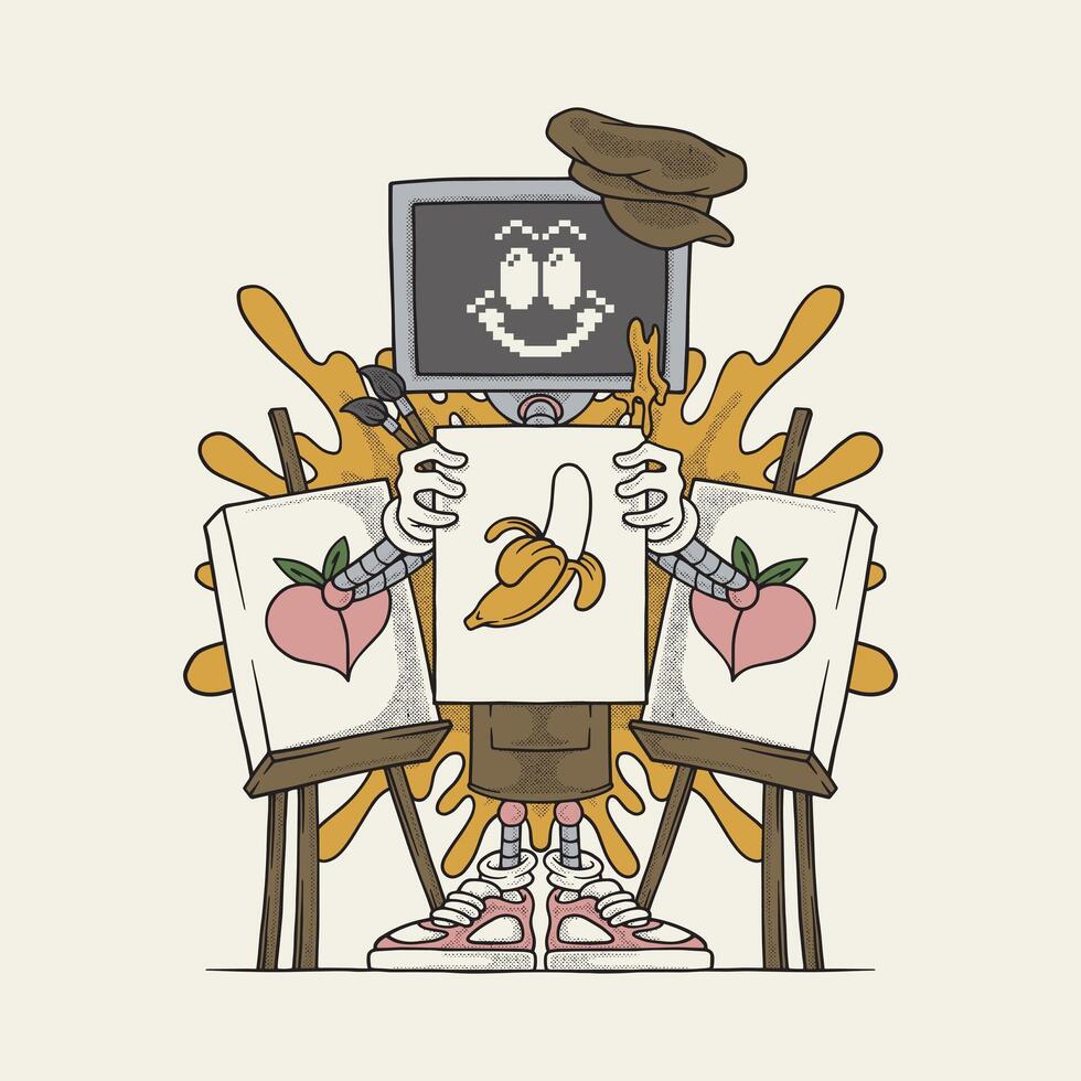 retro cartoon mascot of robot painter vector