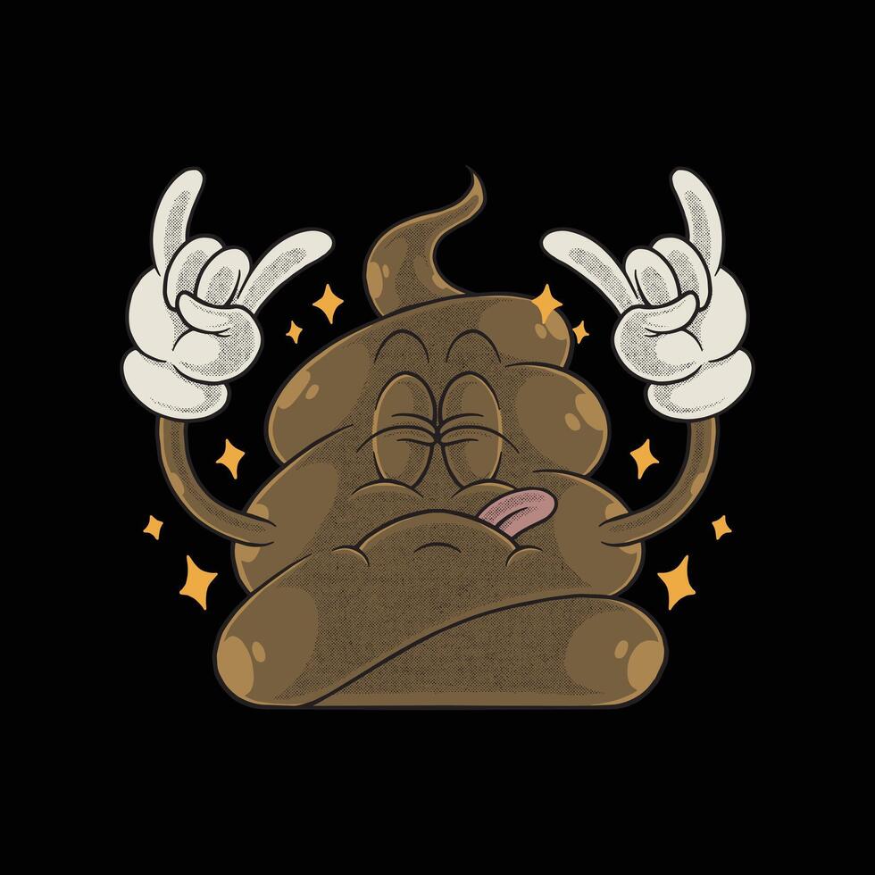 retro cartoon emblem of poop raising metal hand signs vector