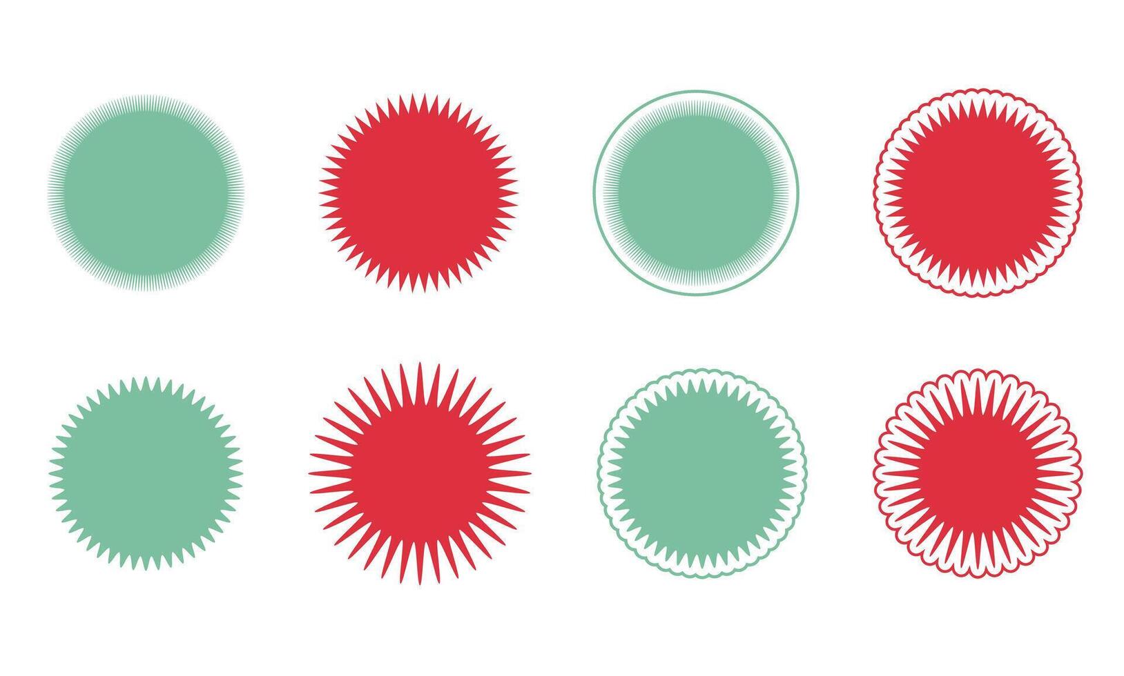 Set of round badges, stamps, labels, and price tags with zig-zag and wavy edges. Includes sun, sunburst, and sunshine icons. Ideal for discount, sale, and promo code stickers vector