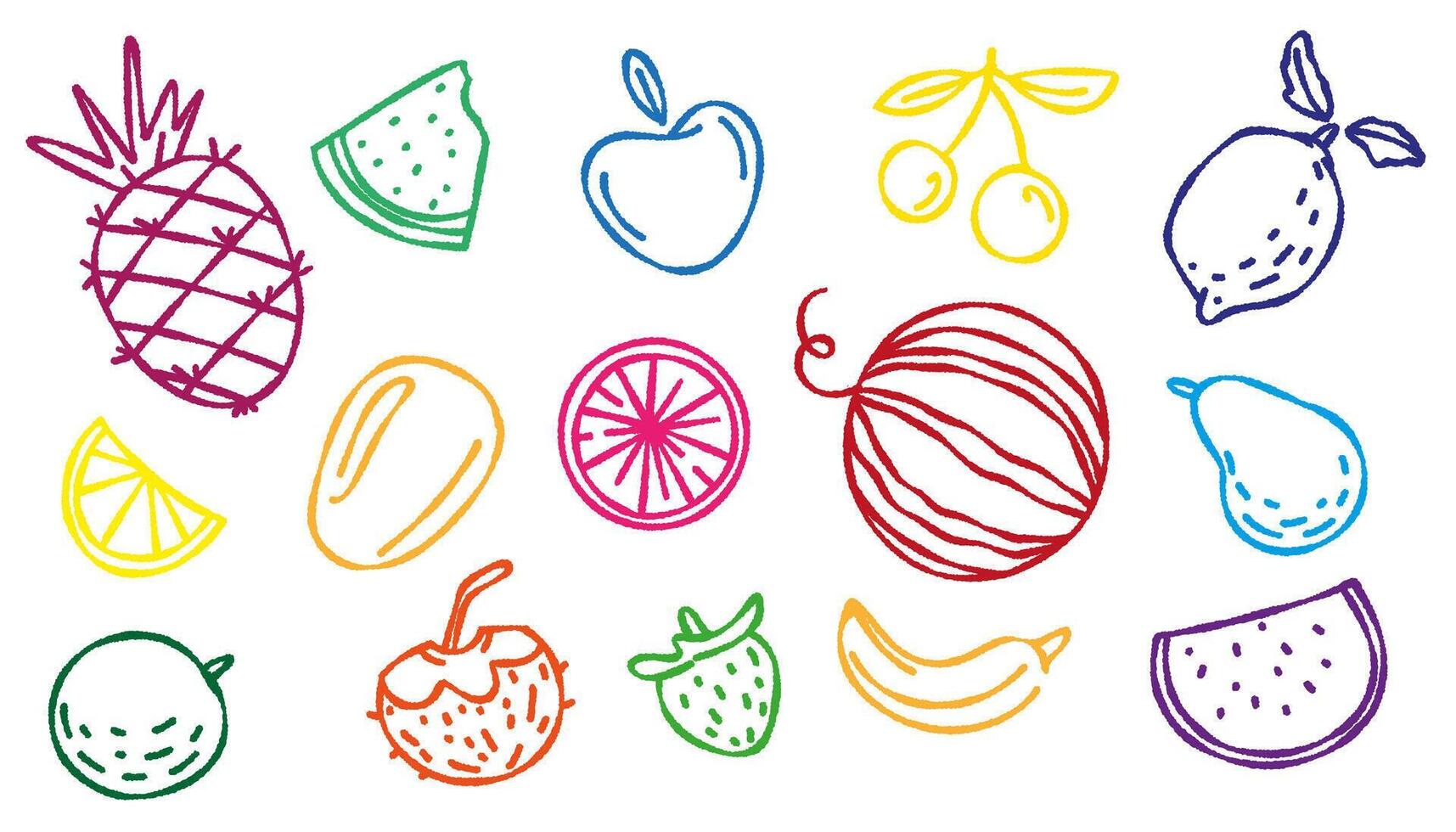 Hand-drawn exotic fruit doodles. set with coconut, lemon, dragon fruit, melon, berries. Cute summer stickers of tropical, vitamin-rich, organic food. Fresh healthy ingredients. vector