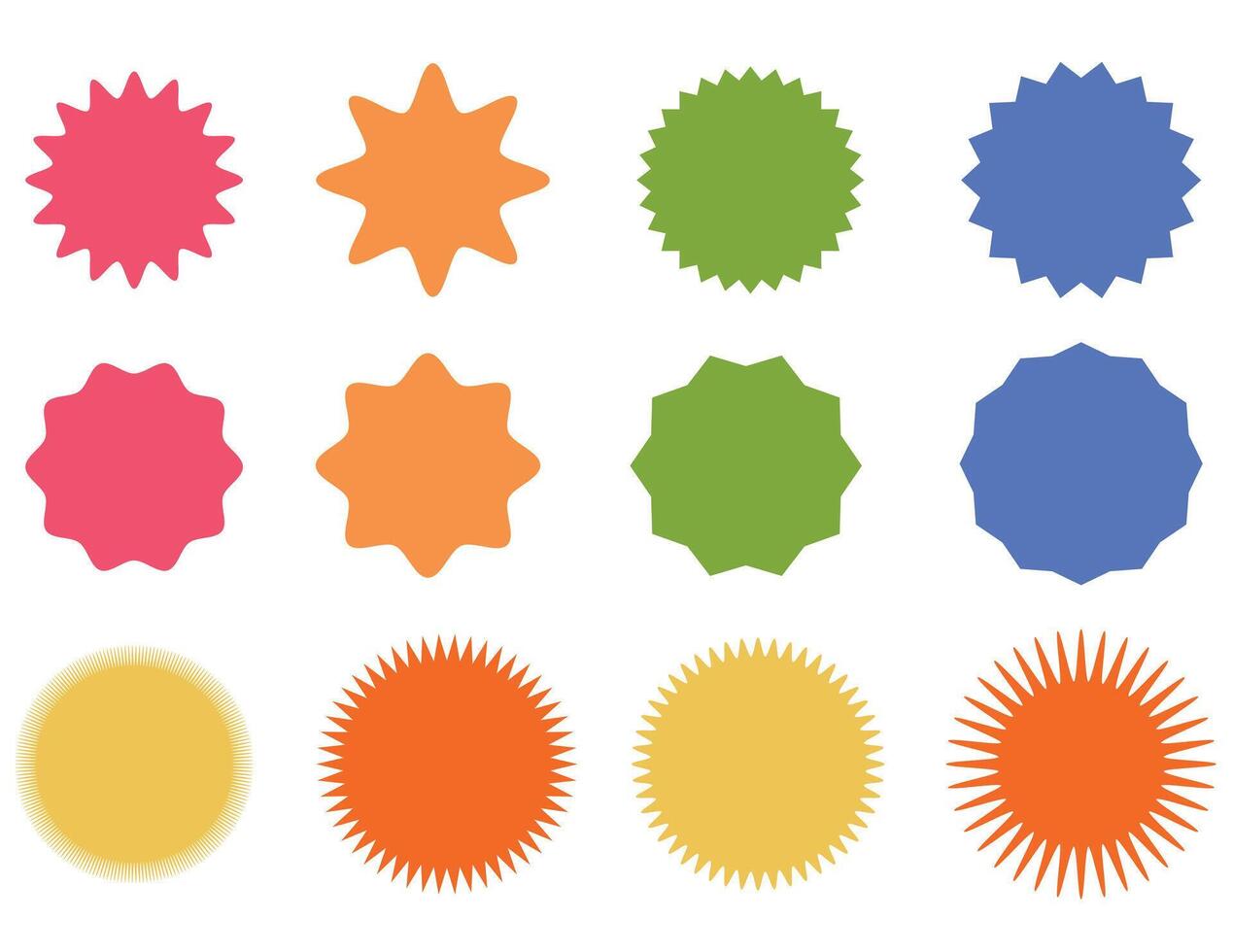 Star round sticker tag icon shape set, featuring circle and starburst label designs. Perfect for promotions, sales, price offers, and badges. Vibrant icons ideal for graphic design vector