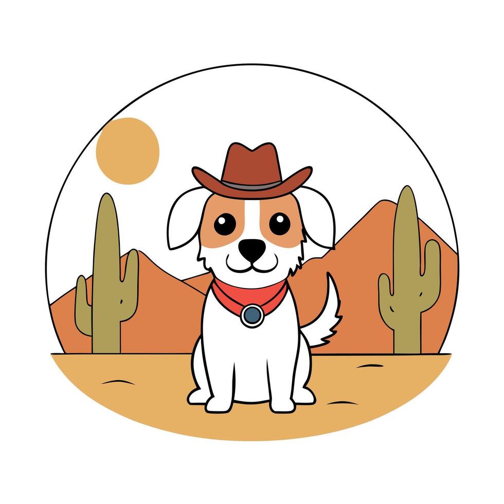 Adorable dog wearing cowboy hat and bandana in desert landscape Icons vector
