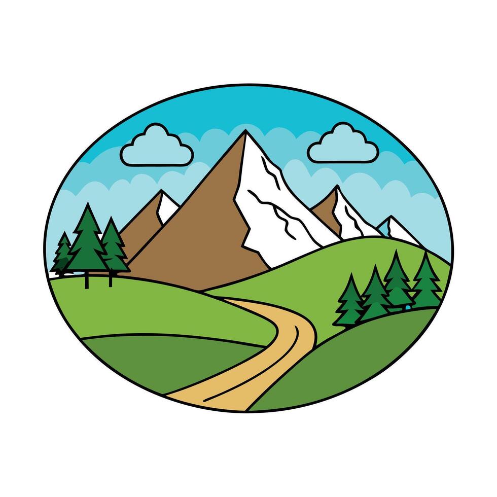 A hiking trail leading through a picturesque mountain landscape Icons vector