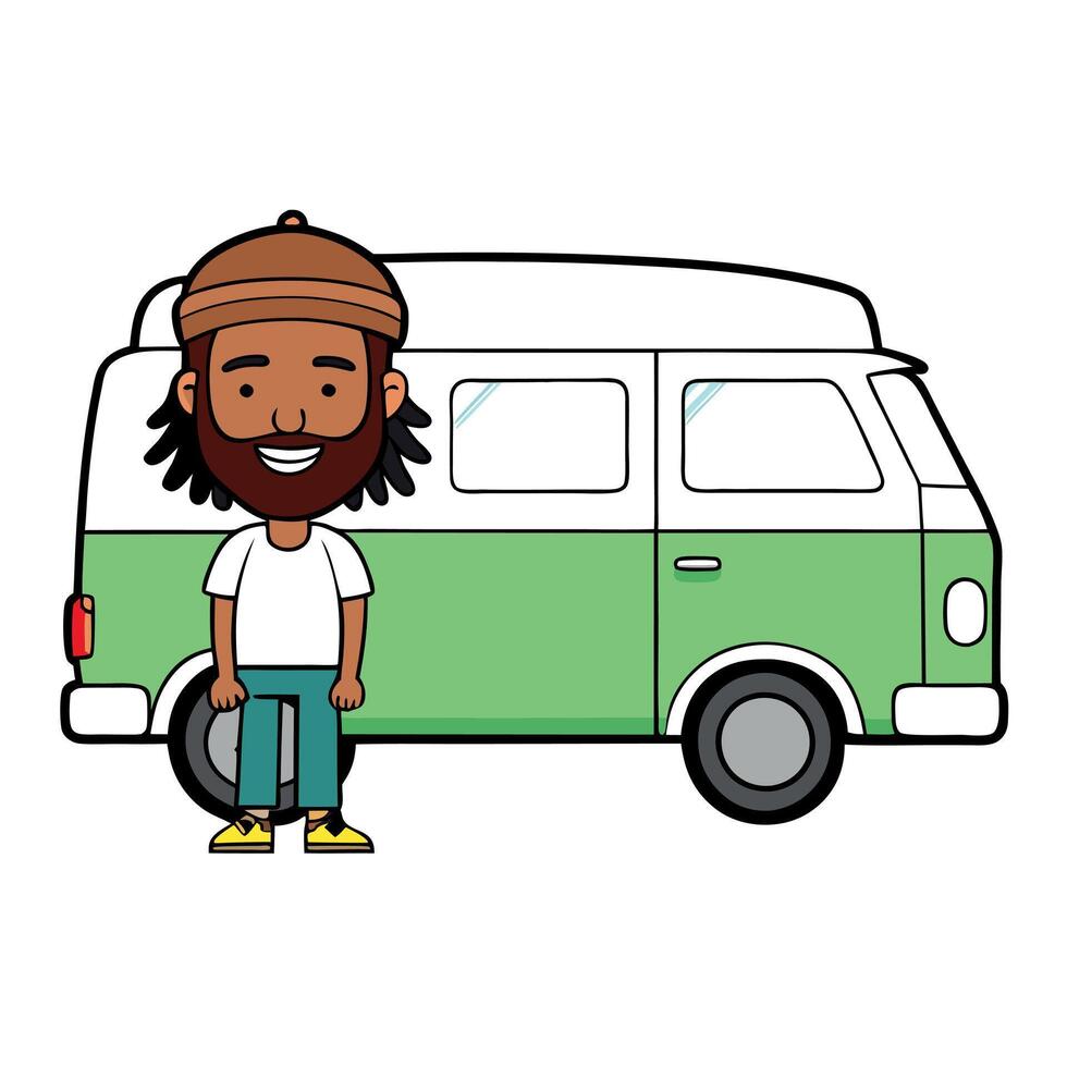 Young happy african american hipster rasta man living in a van Icons vector