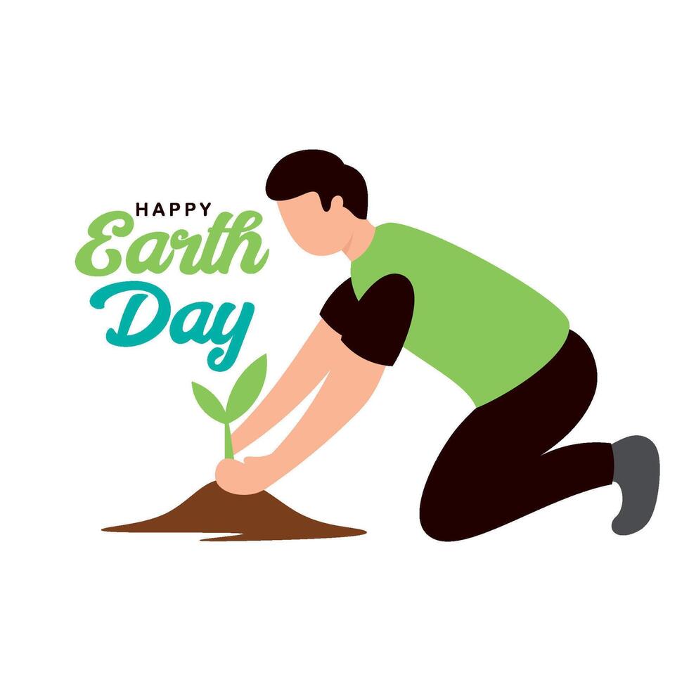 Earth day, Happy day typography design with illustration of people planting trees vector