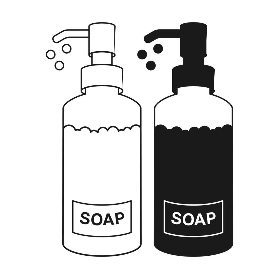 Soap Pump Bottle Flat Black and Outline Style. Hygienic Soap Bottle on White Background. vector