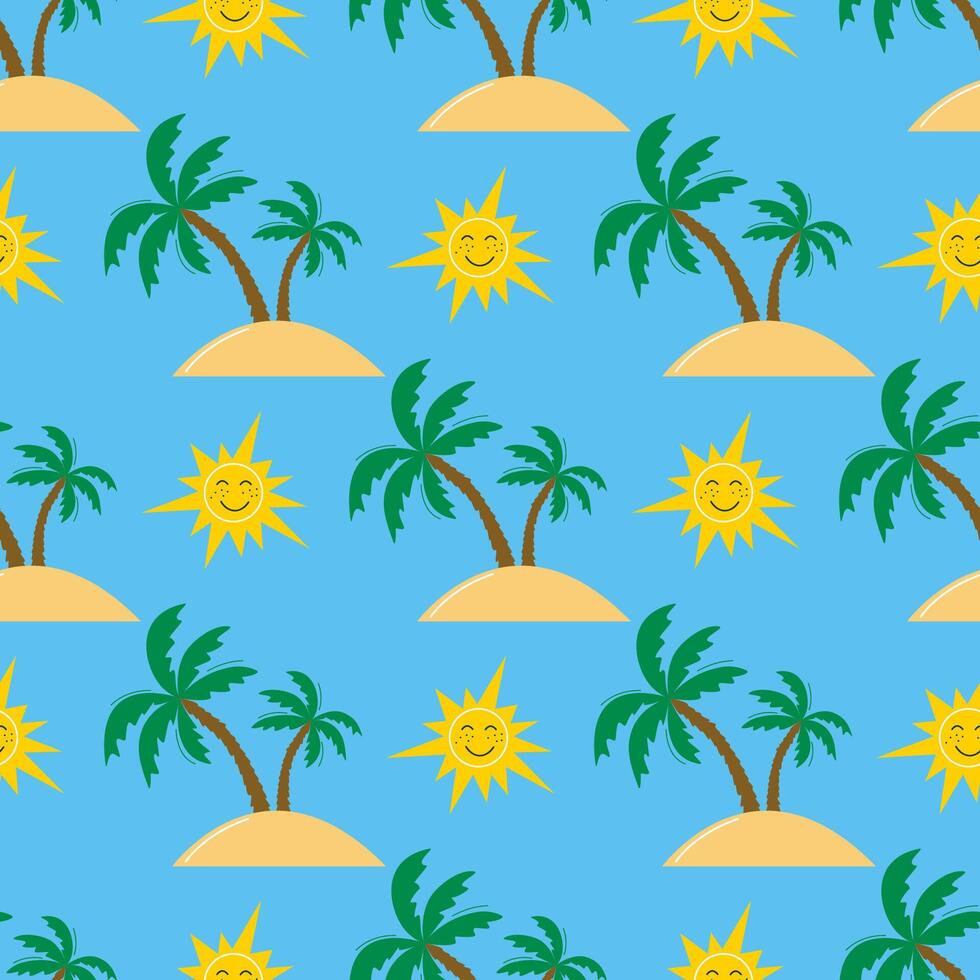 Bright summer print with palm tree on island and sun vector
