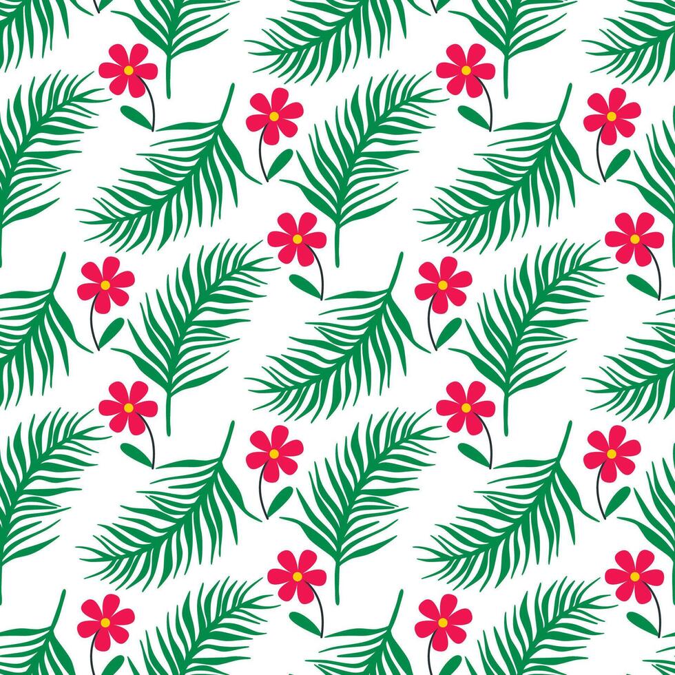 Bright hibiscus flowers with palm branches seamless pattern vector