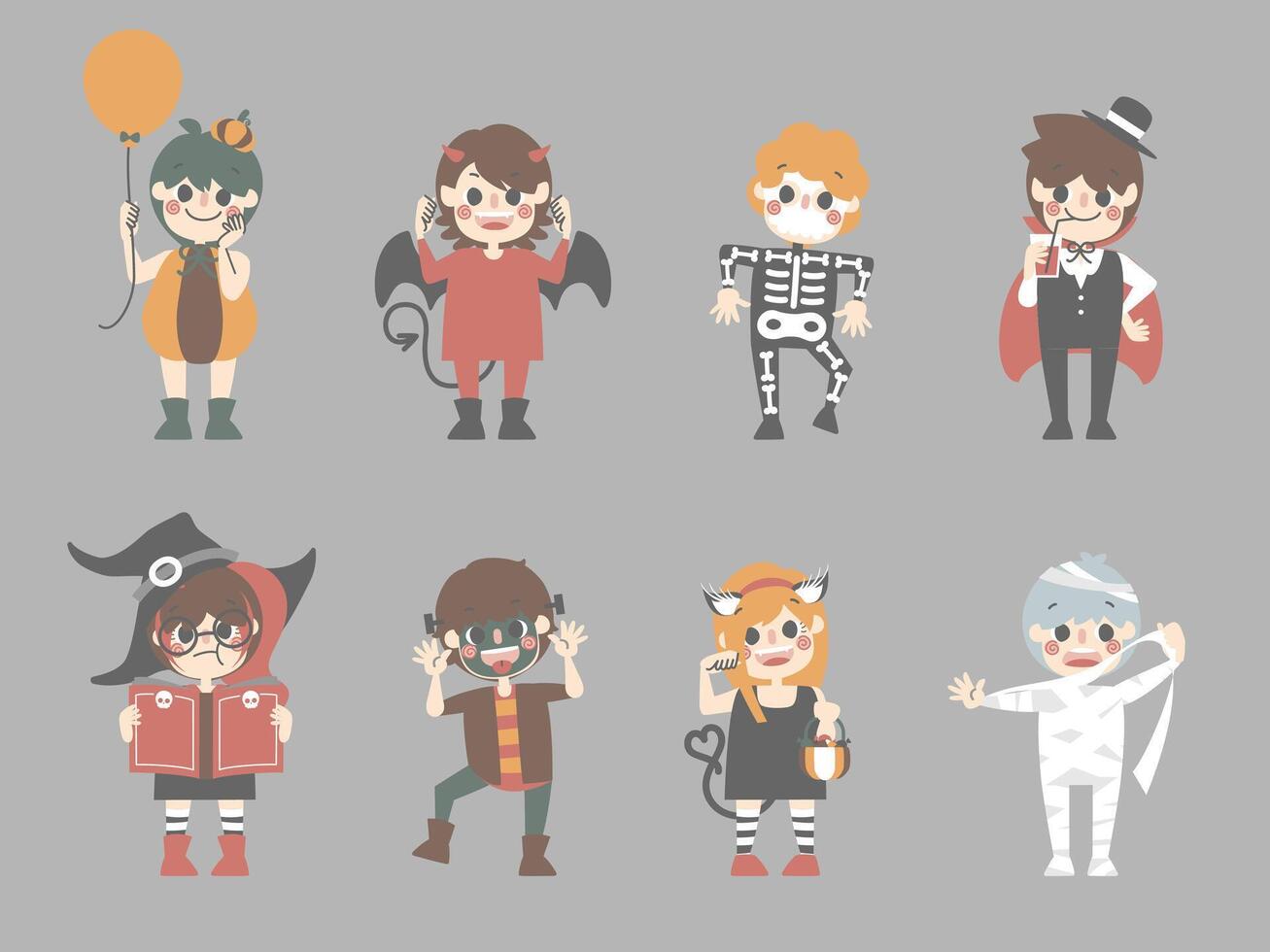 happy halloween holiday festival with character set of boys and girls wearing pumpkin, devil, skeleton, dracula, witch, frankenstein, cat, mummy costume vector