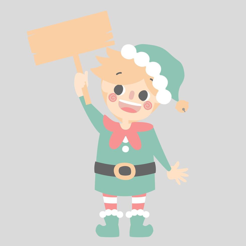 merry christmas and happy new year with cute little elf dwarf holding blank sign vector