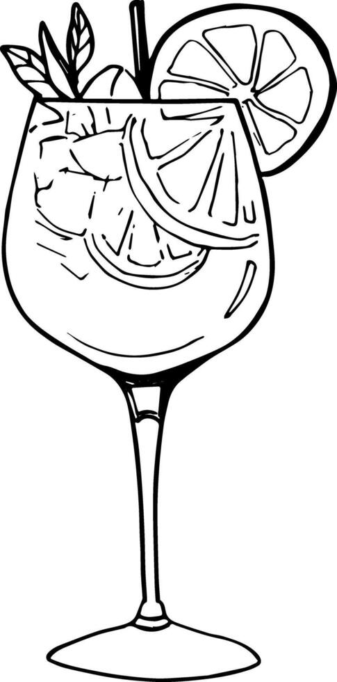 Aperol spritz cocktail outline hand drawn summer drink with ice, orange clipart vector