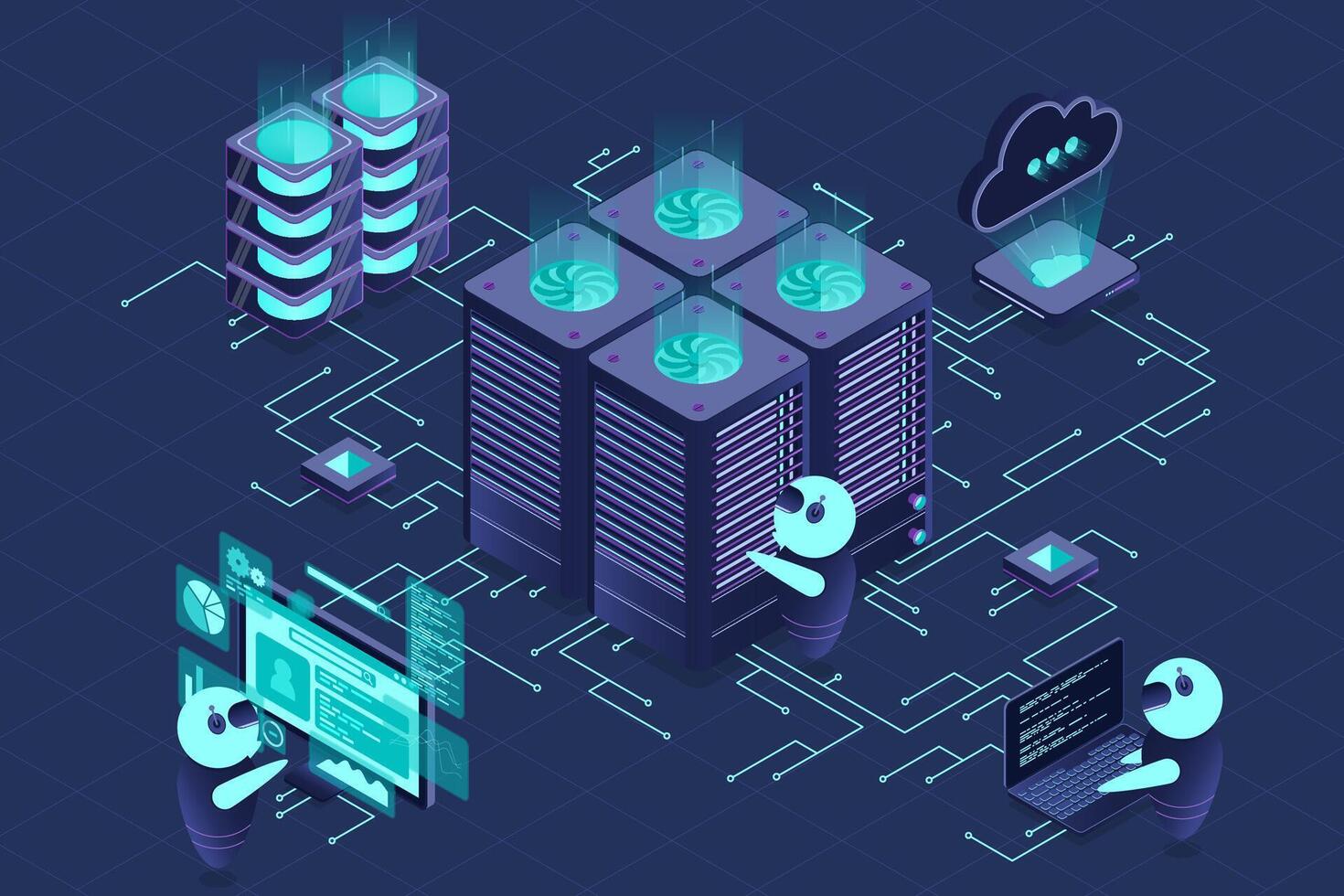 Data center and web hosting isometric concept. Cloud computing storage. Isometric server room. vector