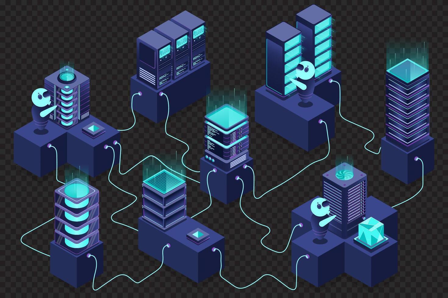 3d isometric concept big data center with server. Cloud computing. Network mainframe infrastructure. Isometric high technology concept, vector