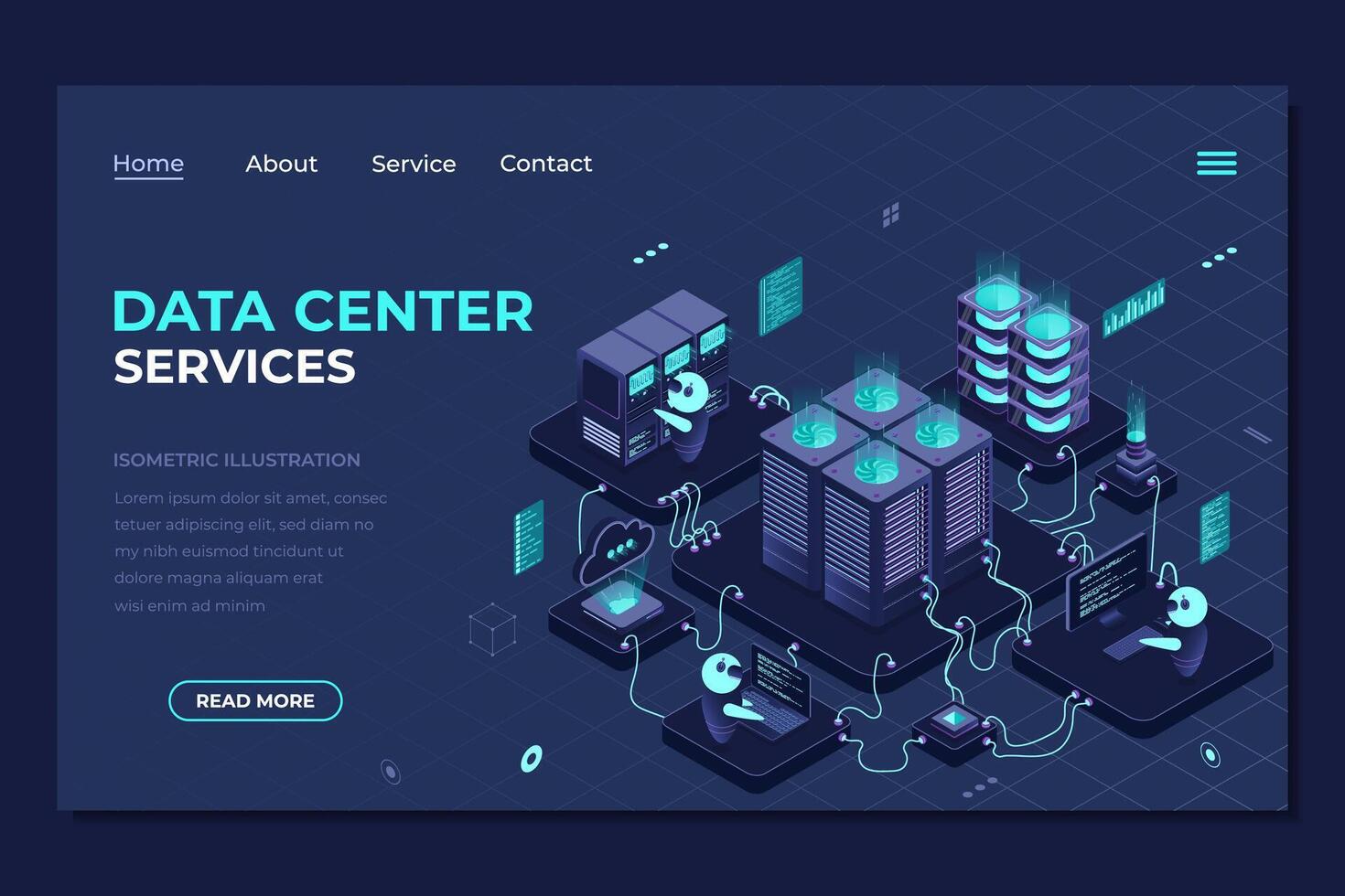 Isometric data center landing page. Networking, database, cloud storage. Digital technology website landing page. Isometric technology vector