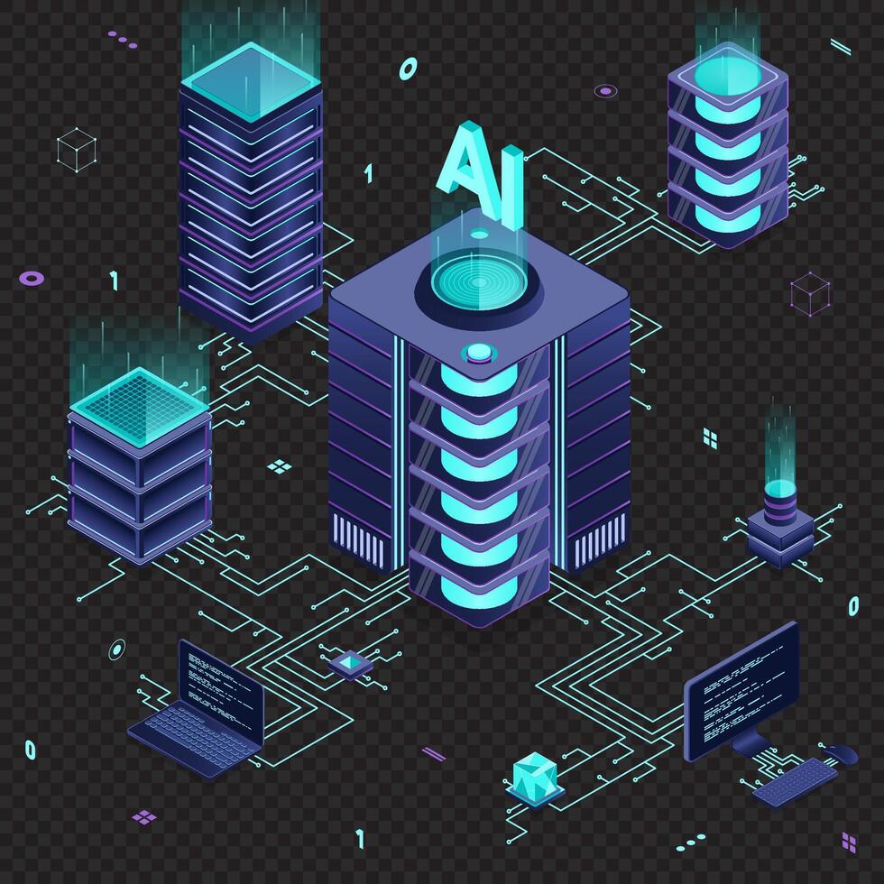 Isometric artificial intelligence technology. Isometric cloud computing concept. Artificial intelligence neural network future technology. Server computer. Isometric technology vector