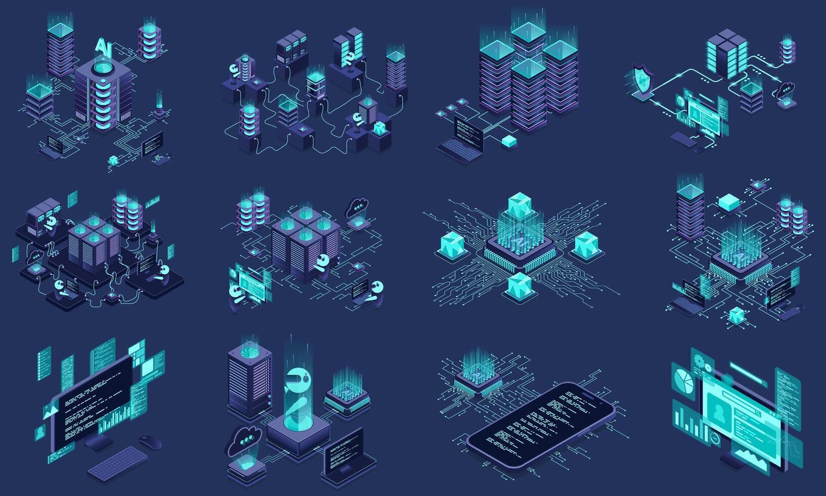 Set of isometric modern technology concept for cloud computing, datacenter, database, artificial intelligence, and blockchain technology. vector