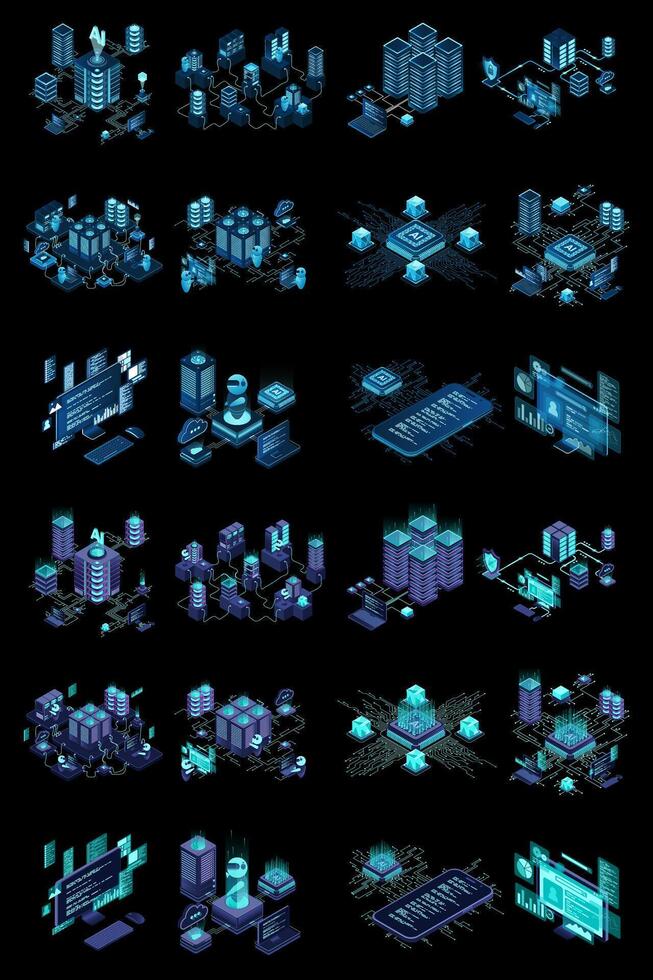 Large set of isometric modern technology concept for cloud computing, datacenter, database, artificial intelligence, and blockchain technology. Isometric technology, vector