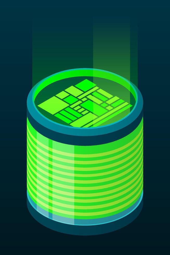 Isometric database. Isometric futuristic server. Big data isometric. Cloud computing and file cloud storage. Isometric technology, vector