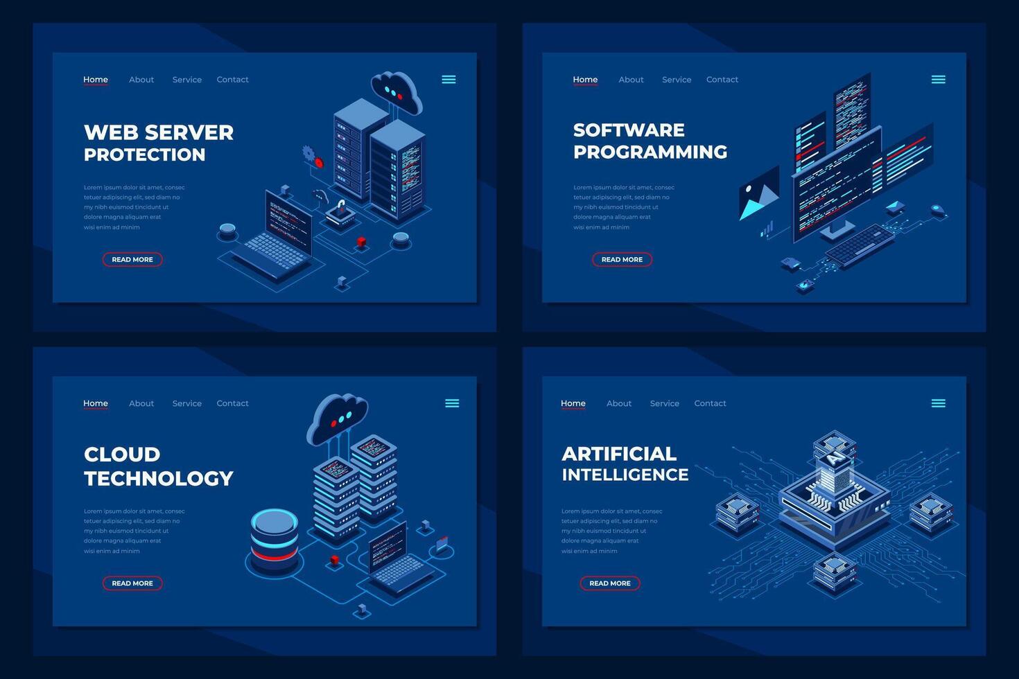 Set of isometric landing page template. Modern technology concept for cloud computing and artificial intelligence. Isometric technology. vector