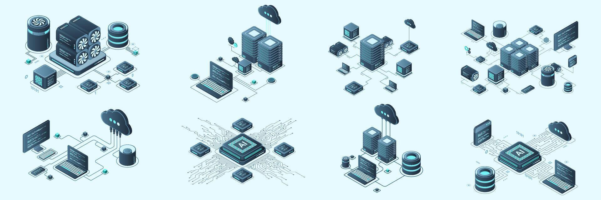 Set of isometric modern technology for cloud computing, Datacenter, Database, artificial intelligence, and blockchain technology. Isometric technology vector