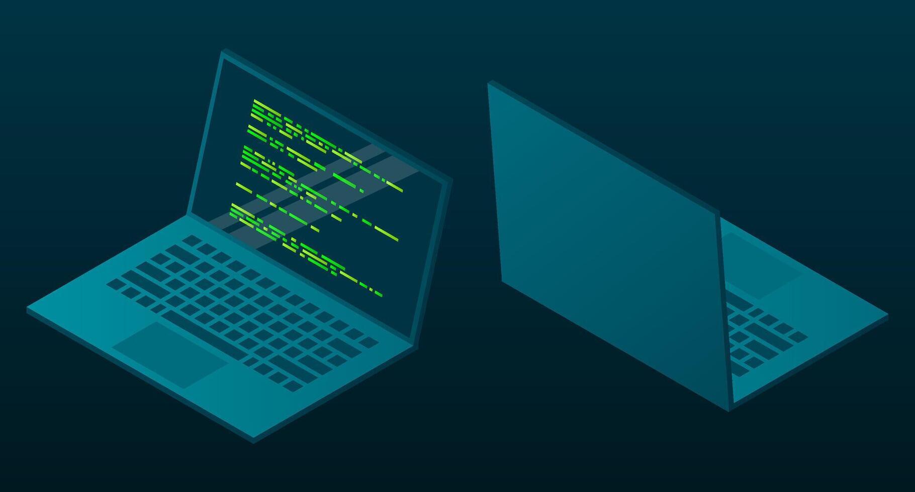 Isometric laptop. Isometric laptop computer. Abstract programming language and program code on a laptop screen. Isometric technology. vector