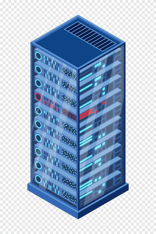 Isometric server. Network server room. 3D computer equipment. Storage database. Isometric technology vector