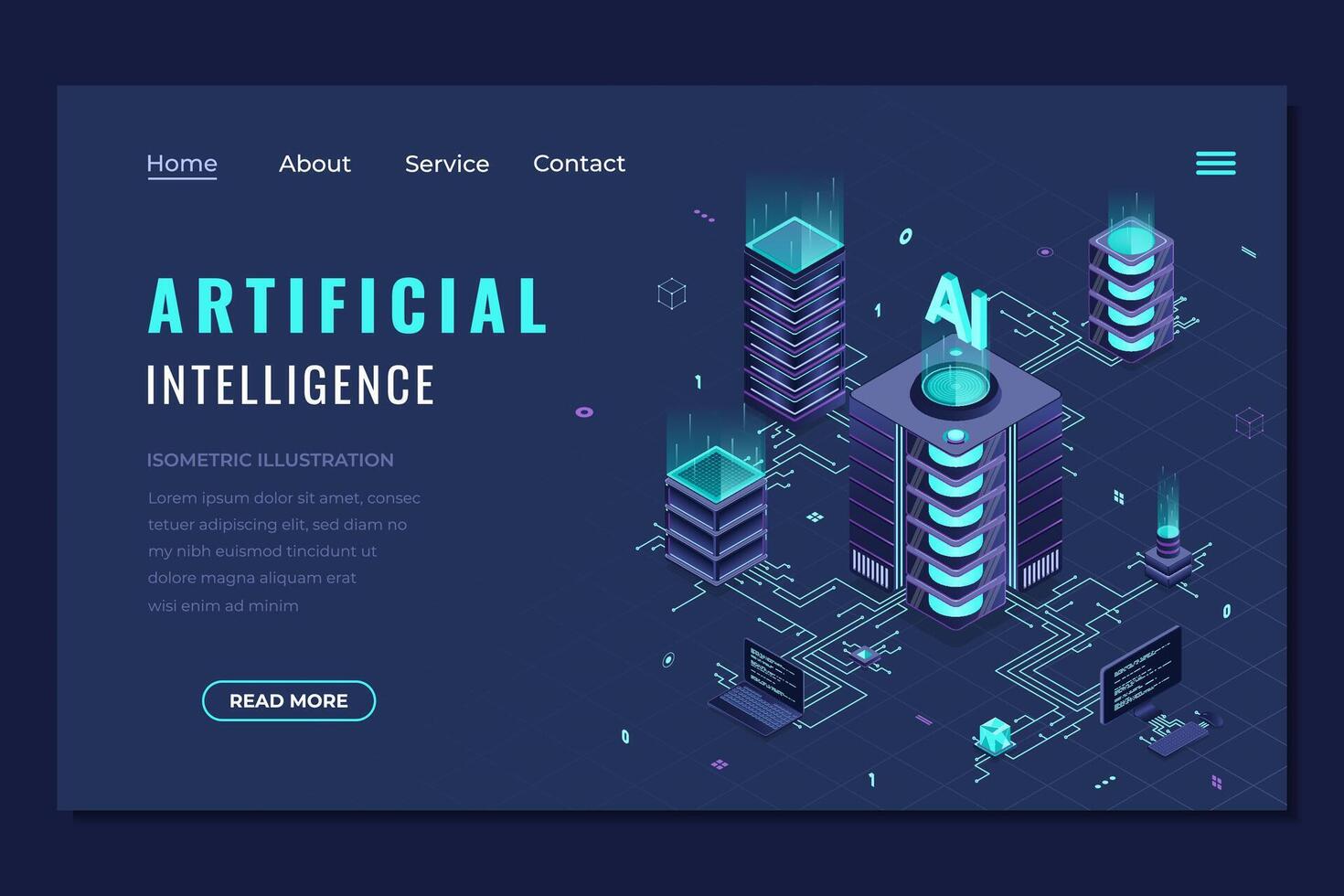 Isometric artificial intelligence landing page. Machine learning technology. Digital technology website landing page. Isometric technology. vector
