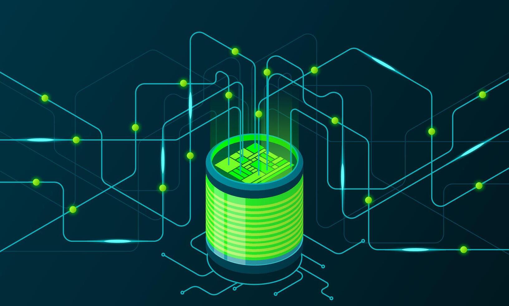 Isometric concept of big data processing. Server energy station of future. Network mainframe infrastructure. Isometric high technology concept, vector