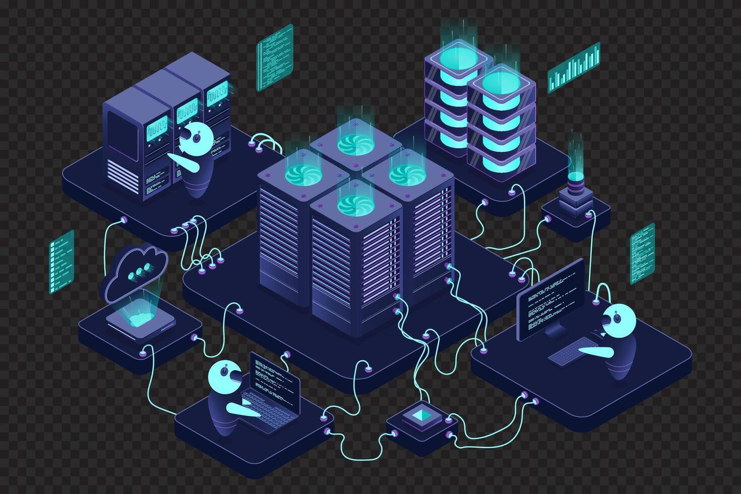 Isometric data center or server room. Data center connection network. Cloud storage. Isometric high technology concept. Isometric technology vector