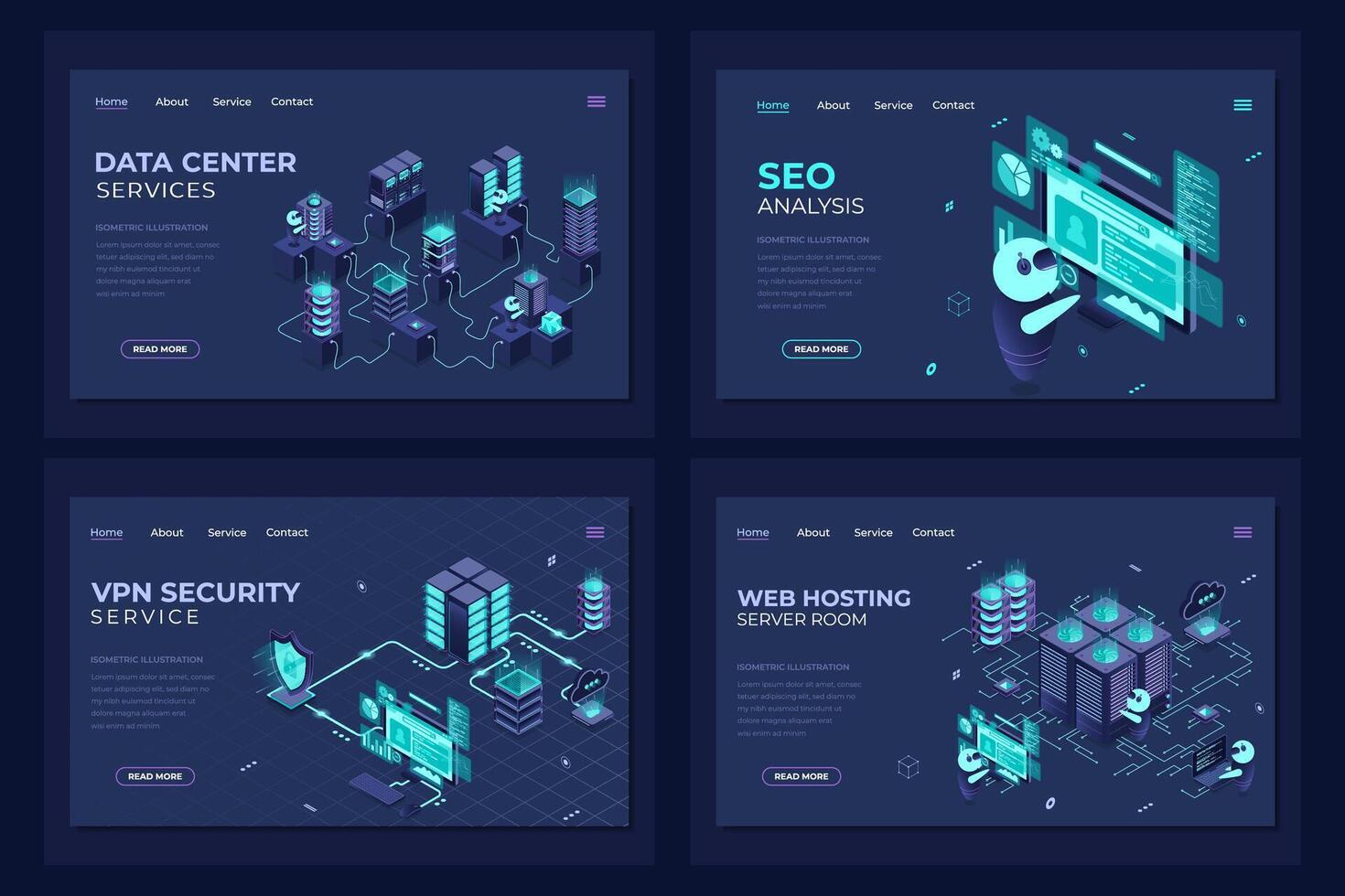 Set of isometric landing page template. Modern technology concept for data center, web hosting, VPN security, and seo analysis. Isometric technology vector