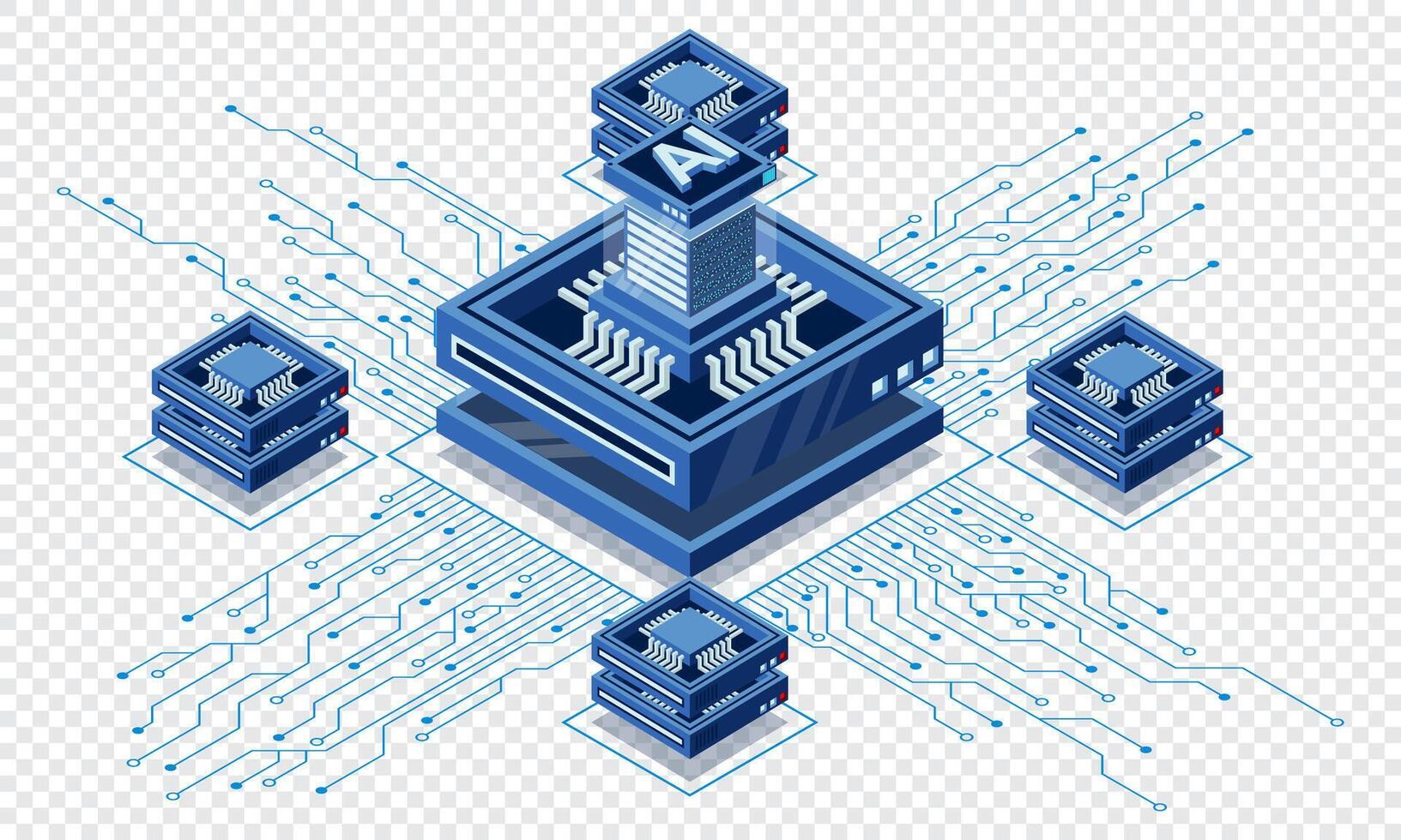 Isometric artificial intelligence chip. Artificial intelligence concept. Futuristic microchip processor. Isometric technology. vector