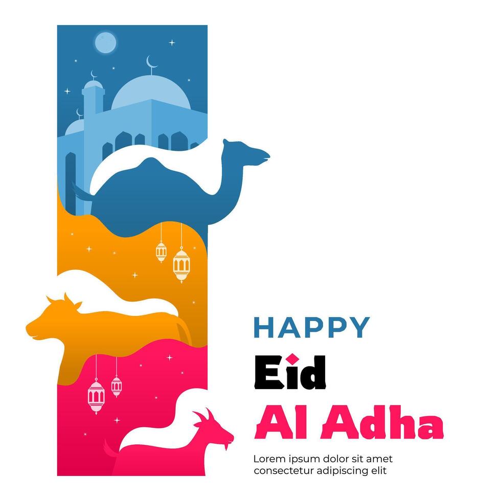 Happy Eid Al Adha Greeting Design with Silhouette of Goat, Cow, and Camel vector