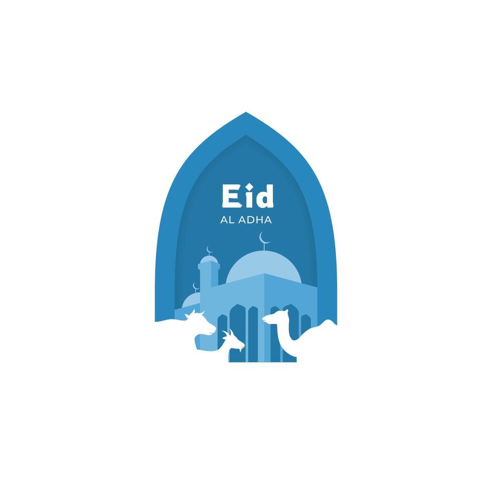 Happy Eid Al Adha Greeting Design with Silhouette of Mosque, Goat, Cow, and Camel vector