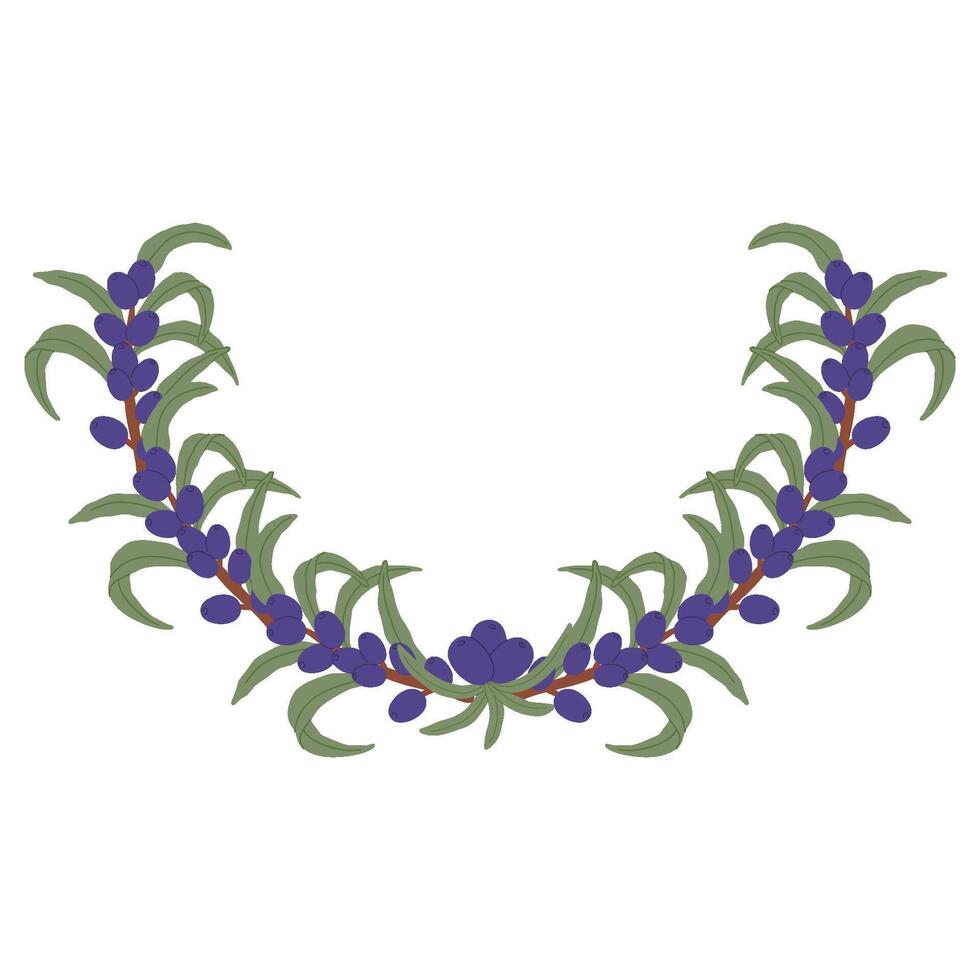 Elegant Botanical Half-Wreath with Purple Berries and Green Leaves in a Hand-Drawn Natural Design vector