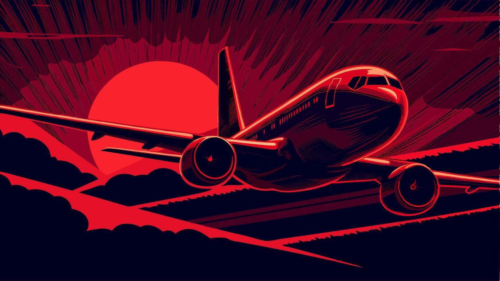 Airplane Flying Low Over Clouds at Sunset Red Graphic vector