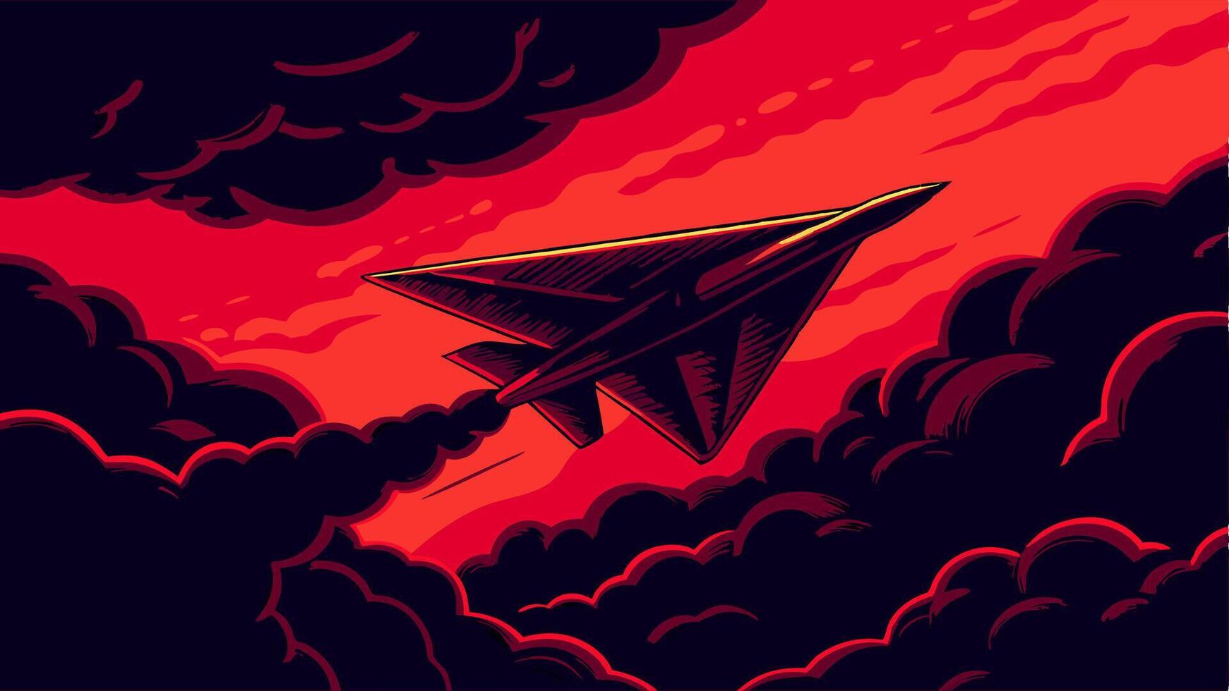 Jet Fighter Plane Flying Through Red Sky Clouds vector