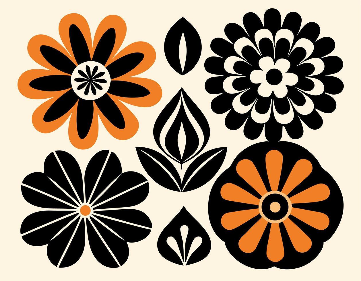 Retro Floral Design Black and Orange Flowers, Vintage Style vector