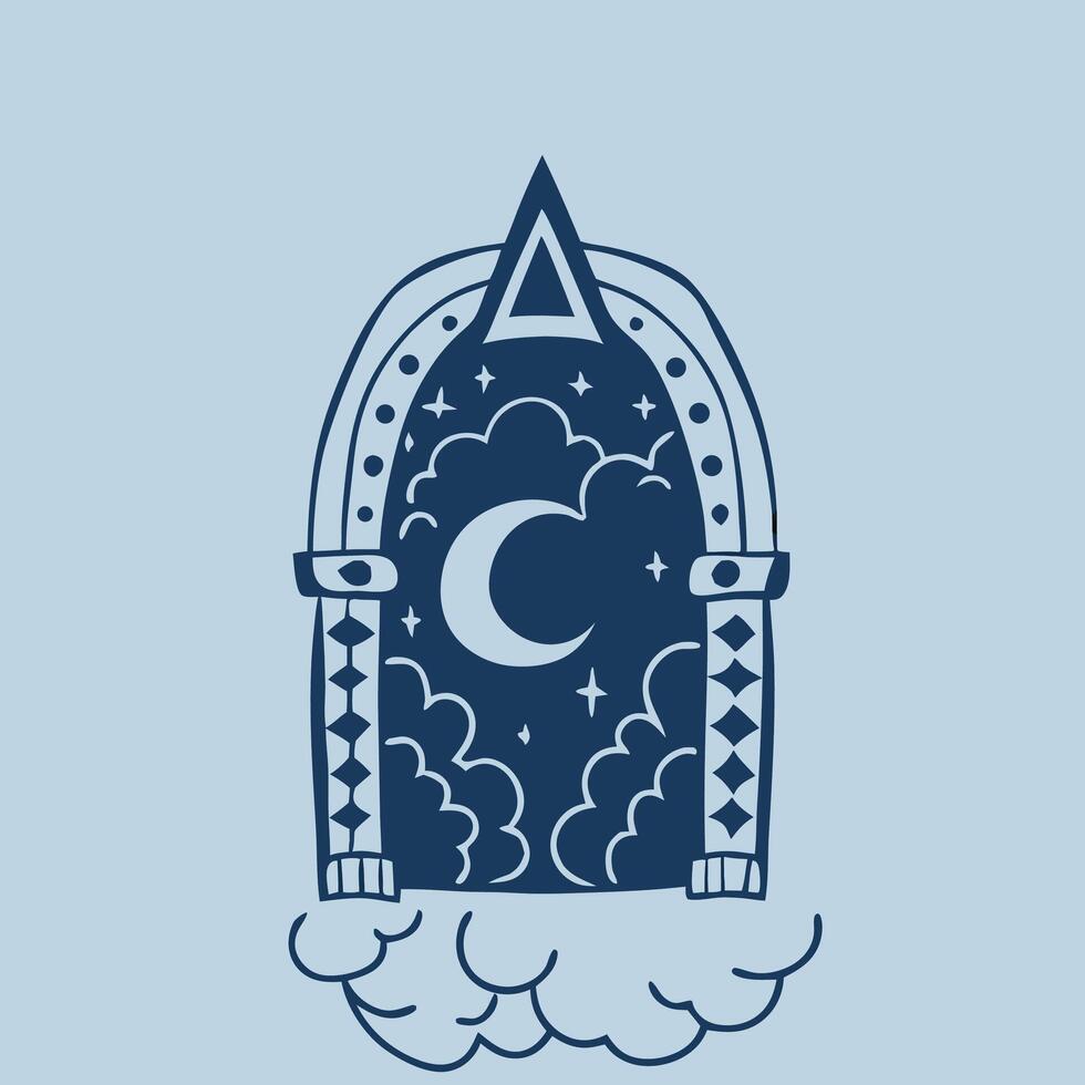 Mystical Crescent Moon Archway in Clouds Night Sky Design vector