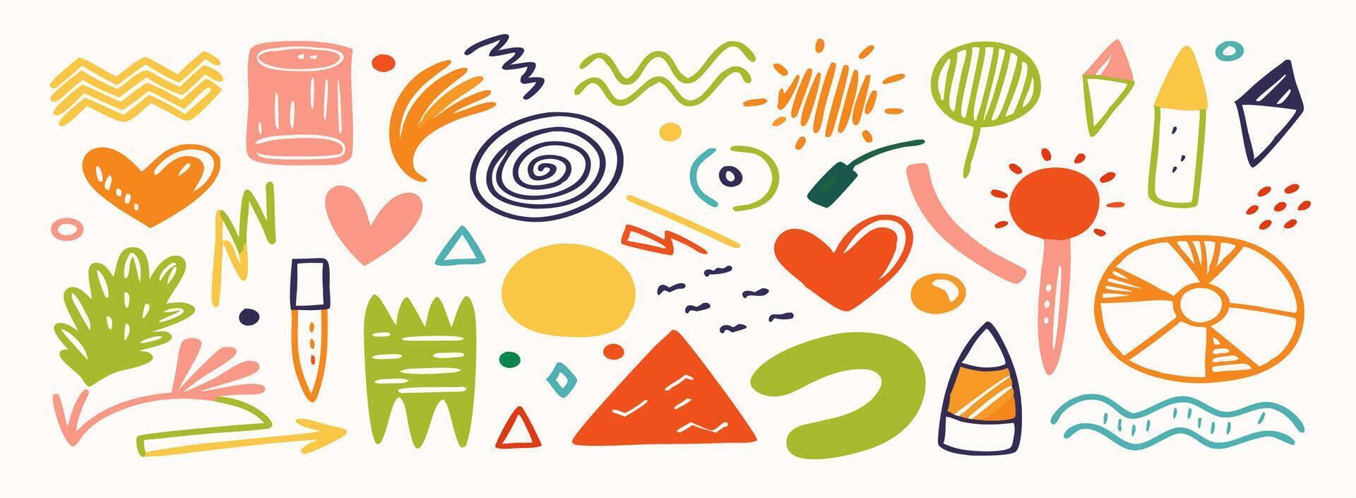 Collection of Hand Drawn Doodle Elements Hearts, Shapes, and Abstract Designs vector