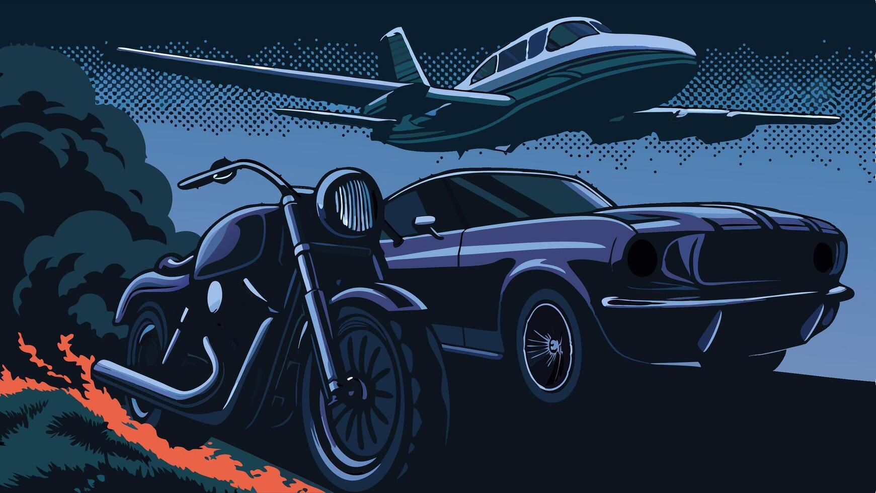 Classic Muscle Car, Chopper Motorcycle and Private Jet vector