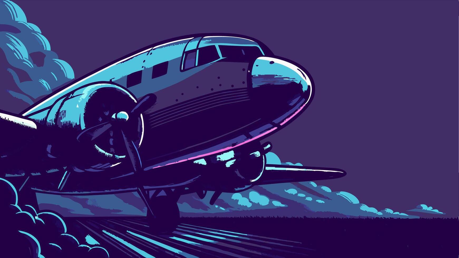 Vintage Airplane Taking Off at Night Dramatic Illustration vector