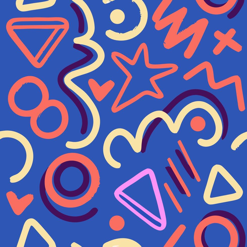 Abstract Geometric Pattern, Hand Drawn Shapes, Blue Background vector